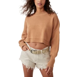 FREE PEOPLE Easy Street Crop Pullover In Camel