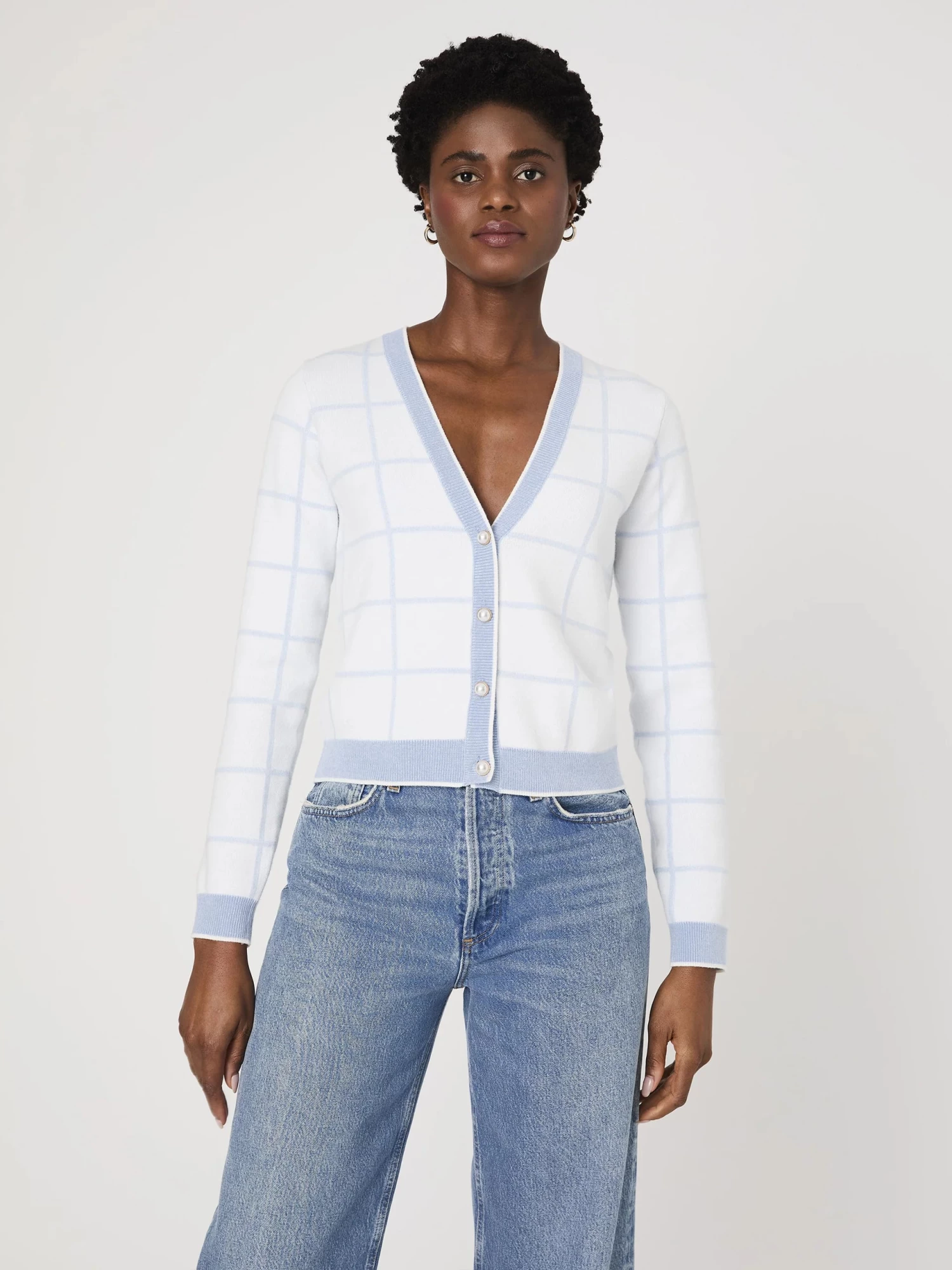 French Connection Sky Blue Check Cardigan