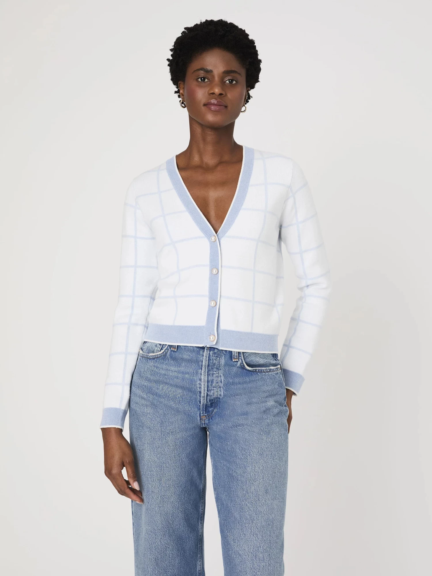 French Connection Sky Blue Check Cardigan - Image 3
