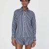 French Connection Alexis Cotton Angled Yoke Striped Shirt In Marine Summer White