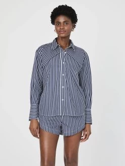French Connection Alexis Cotton Angled Yoke Striped Shirt In Marine Summer White
