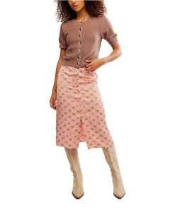 FREE PEOPLE Analise Printed Midi Skirt In Blush