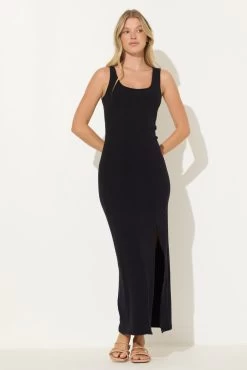 Seamed Rib Knit Maxi Dress In Black