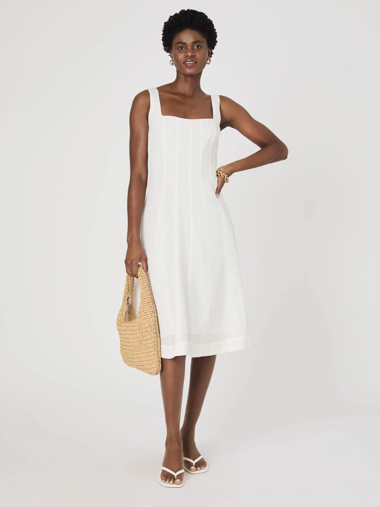French Connection Birdie Linen Square Neck Midi Dress In Summer White - Image 2