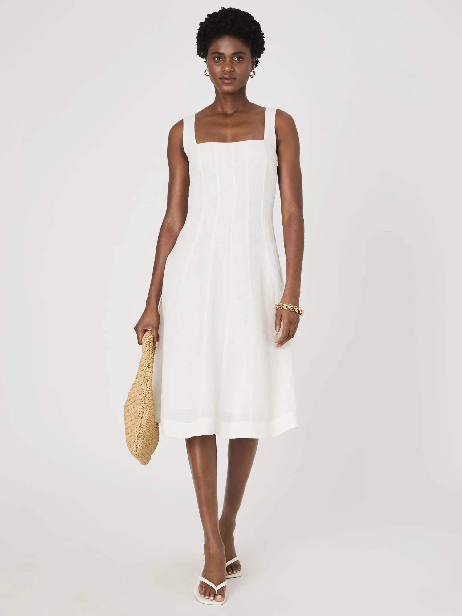 French Connection Birdie Linen Square Neck Midi Dress In Summer White