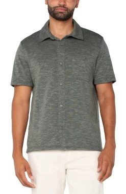 Button Up Short Sleeve Shirt In Heather Sage