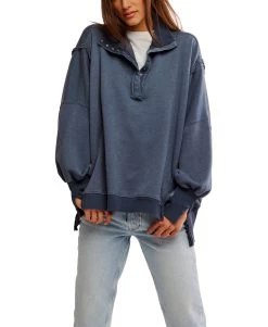 FREE PEOPLE Camden Henley Sweatshirt In Navy