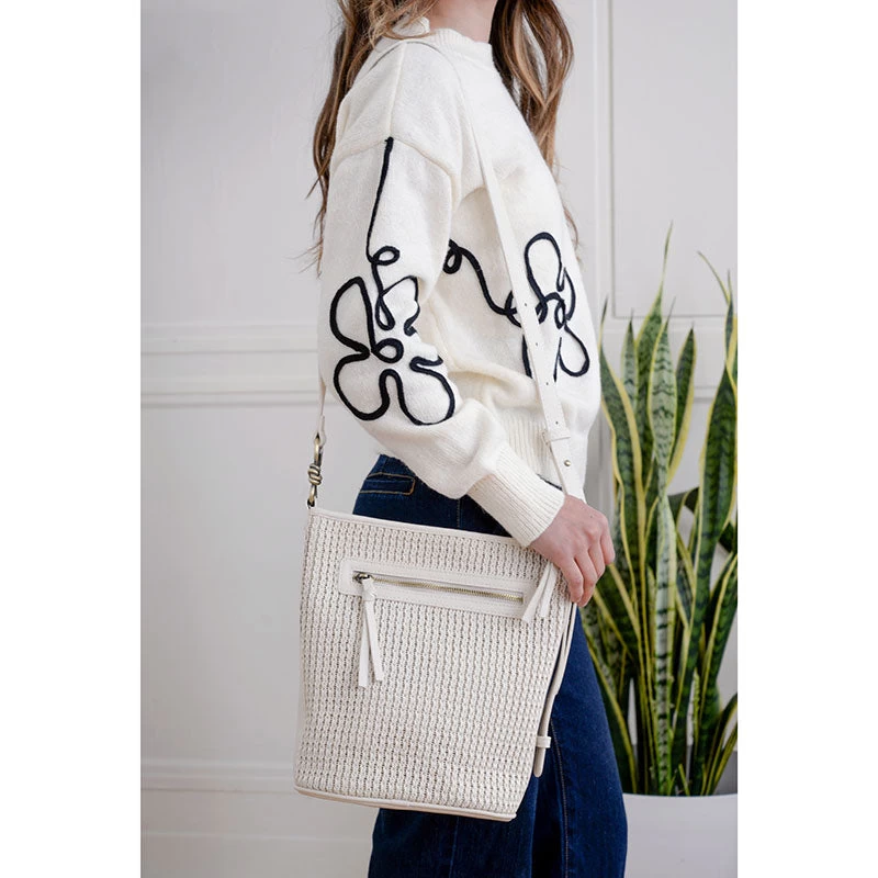 Collins Crossbody Bucket Braided Bag In White - Image 5