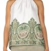 Cream Olive Paisley Print Mock Neck Halter Top