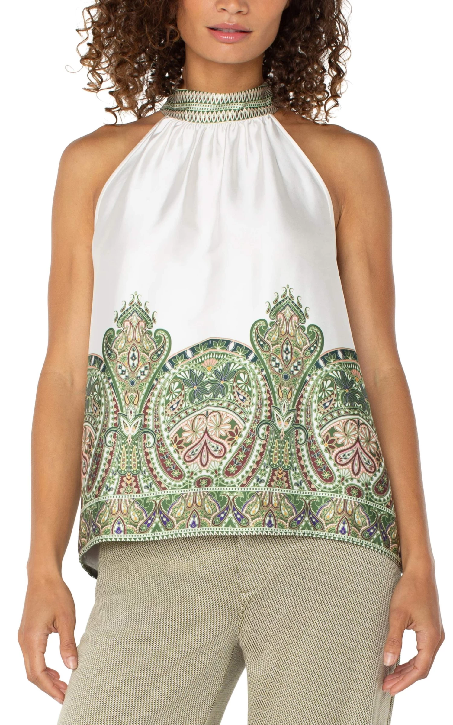 Cream Olive Paisley Print Mock Neck Halter Top