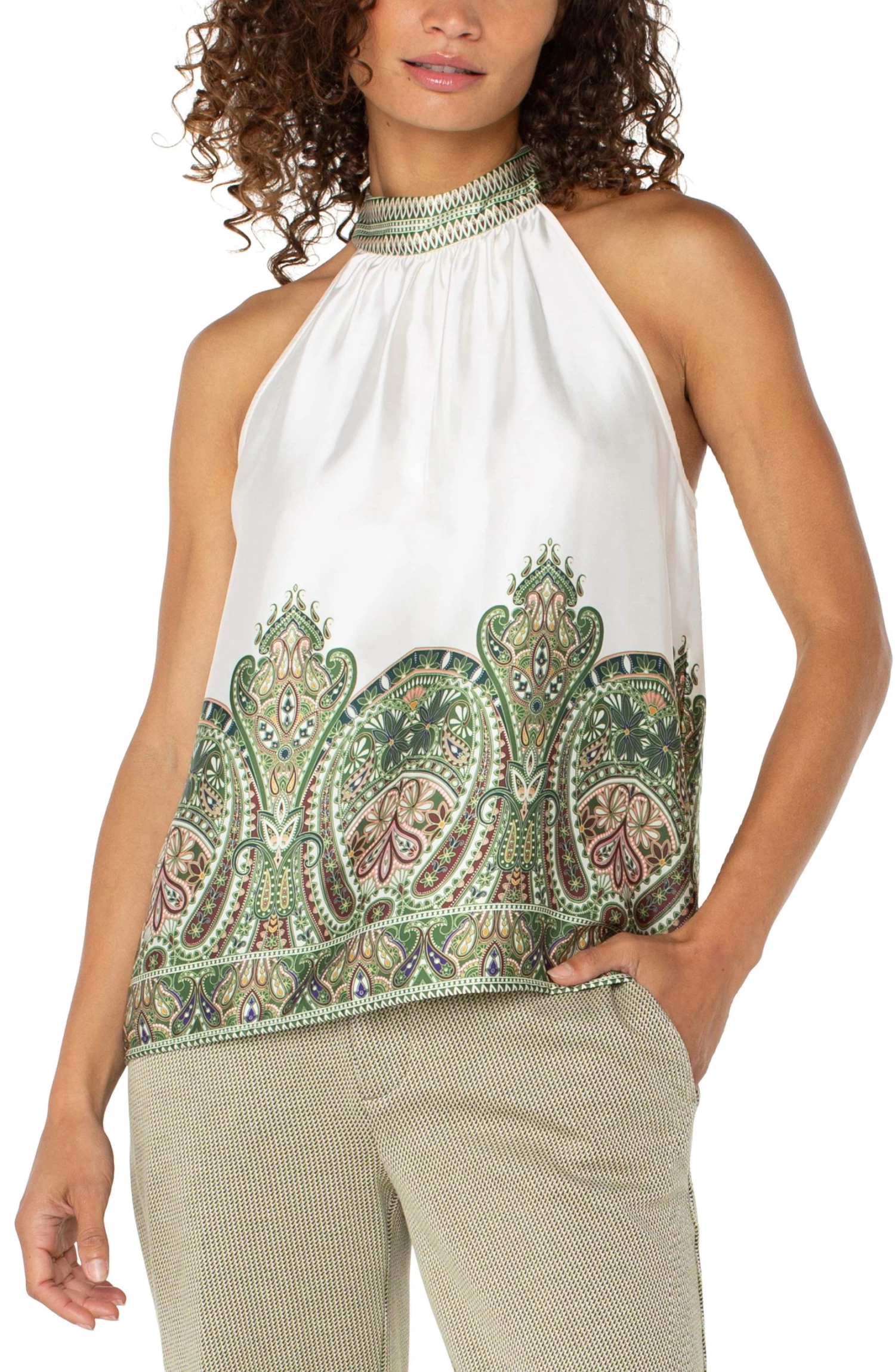 Cream Olive Paisley Print Mock Neck Halter Top - Image 2
