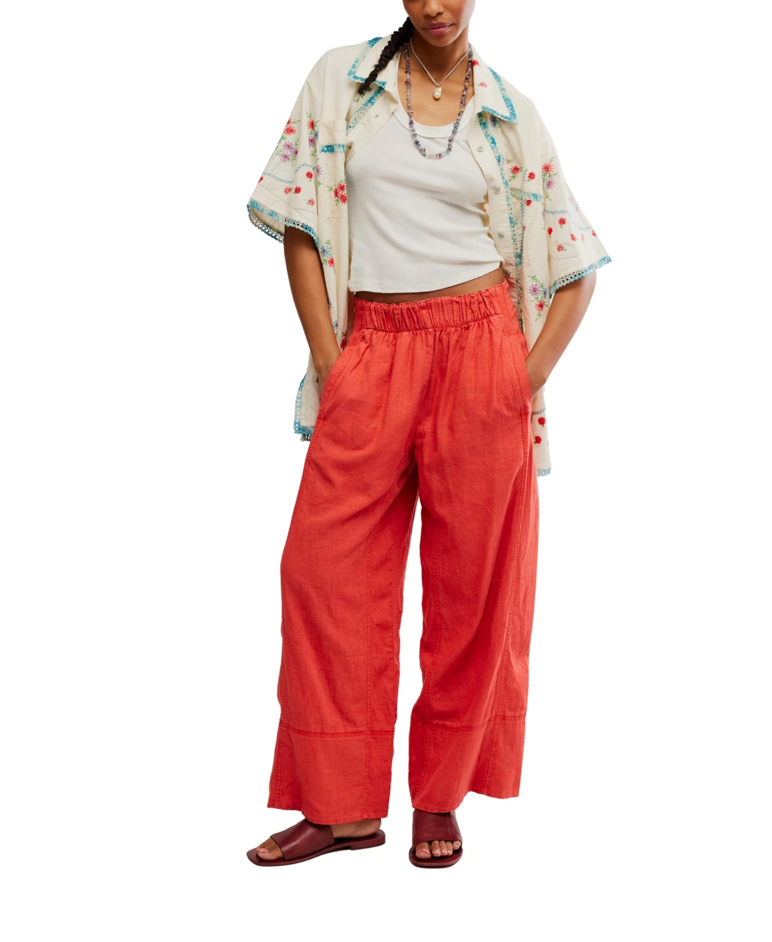 FREE PEOPLE Day's End Linen Pull-On Pants In Poppy Red