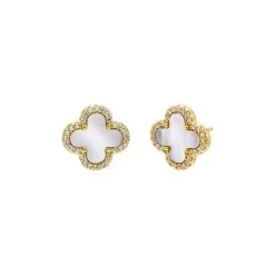 Pave Four Leaf Clover Stud Earrings In Mother Of Pearl Gold