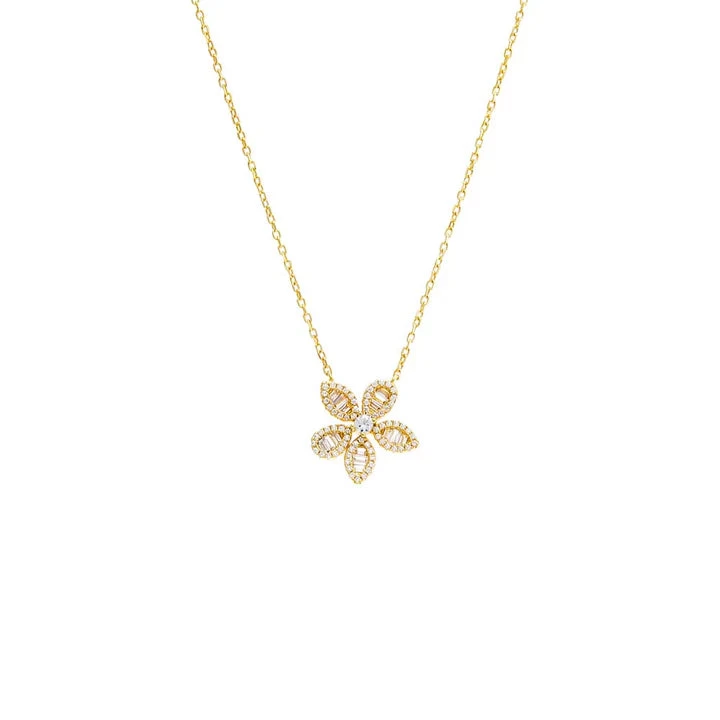 Pave X Baguette Fancy Flower Pendant Necklace In Gold