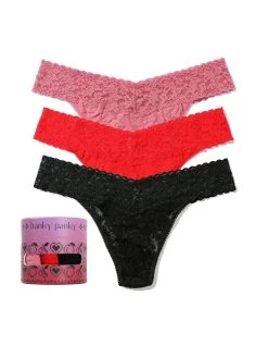 HANKY PANKY Set Of 3 Signature Lace Original Thongs In Black/Red/Pink