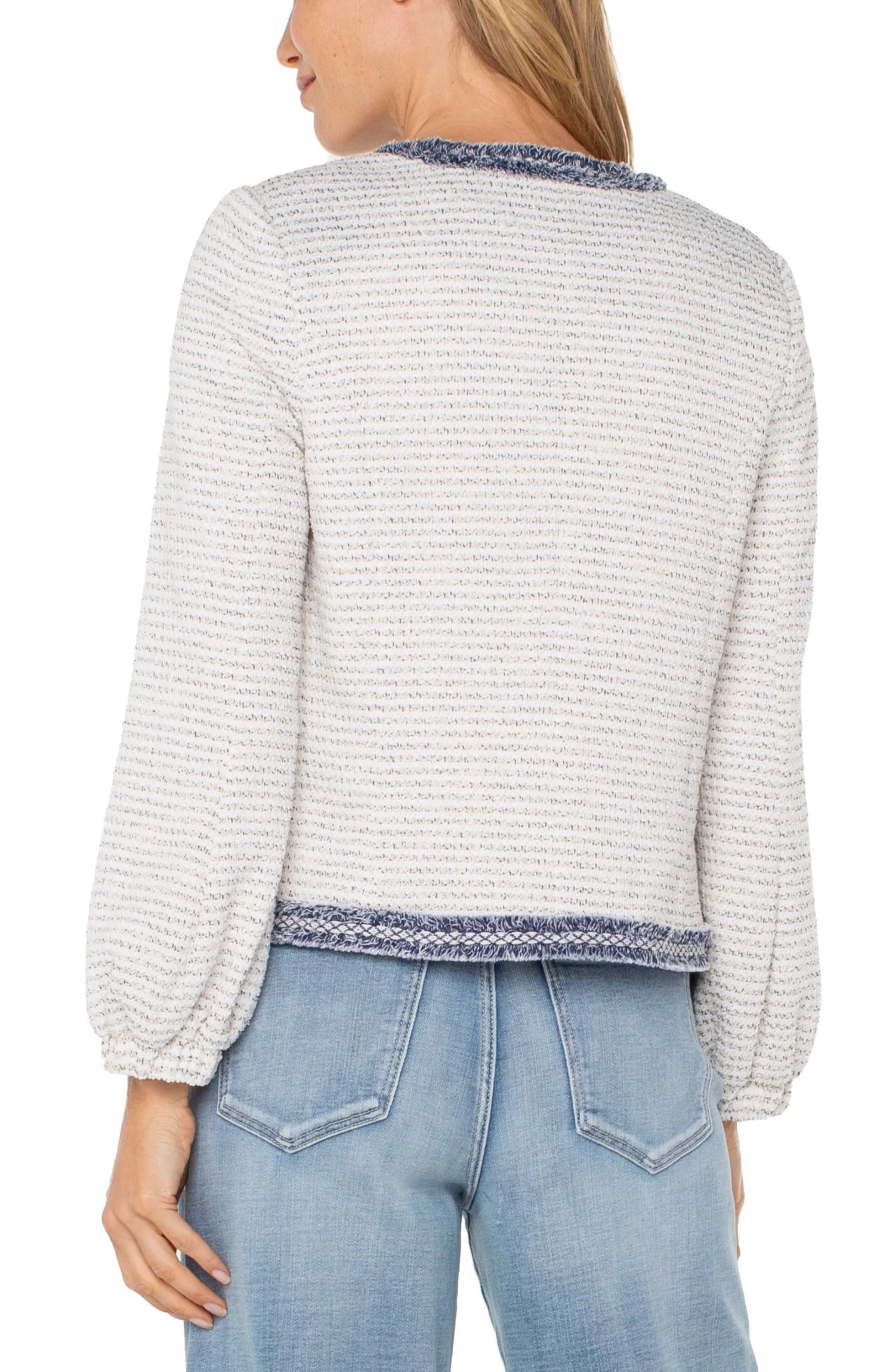 Cream Navy Boucle Collarless Frayed Jacket - Image 3