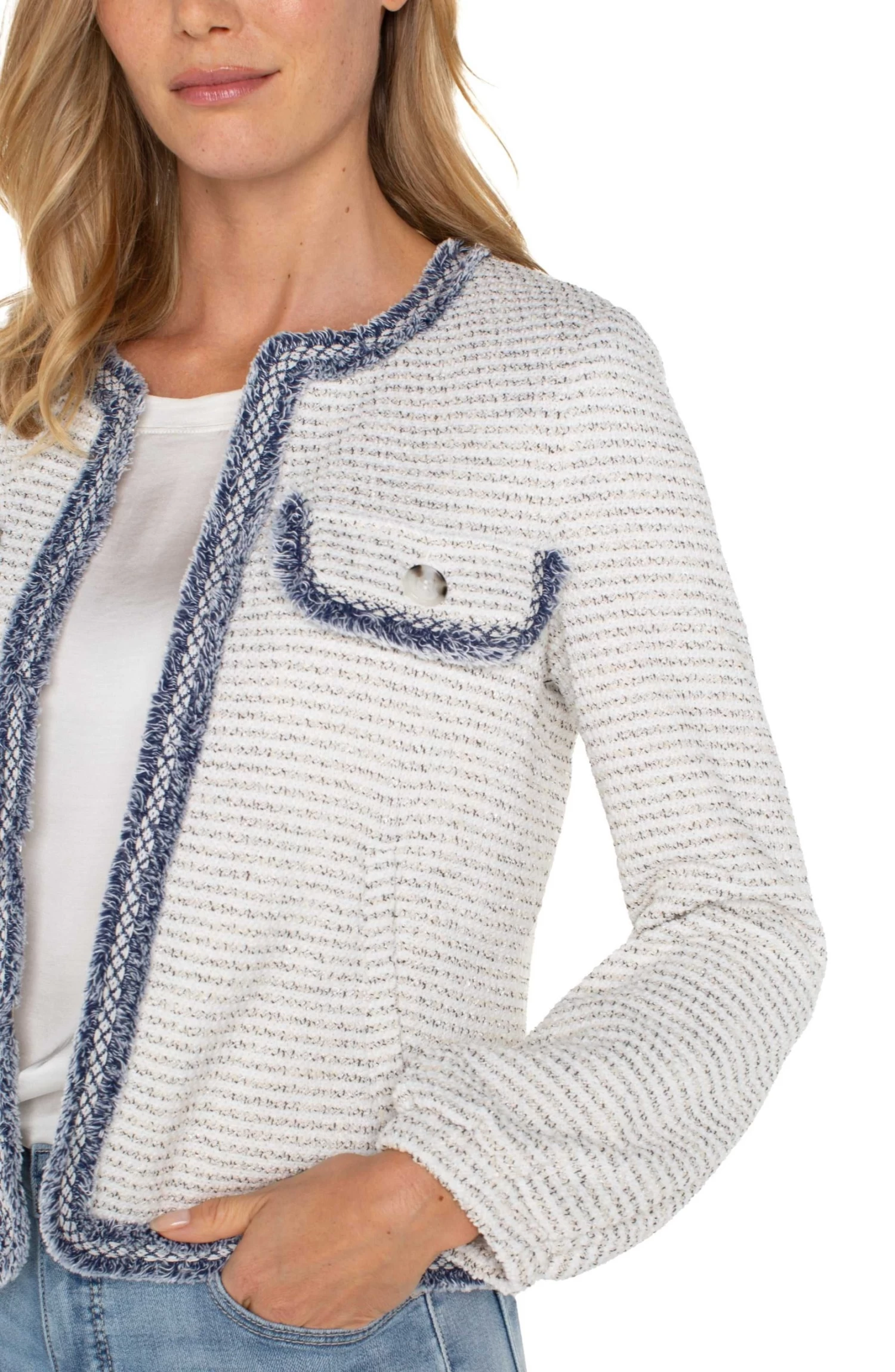 Cream Navy Boucle Collarless Frayed Jacket - Image 2