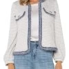 Cream Navy Boucle Collarless Frayed Jacket