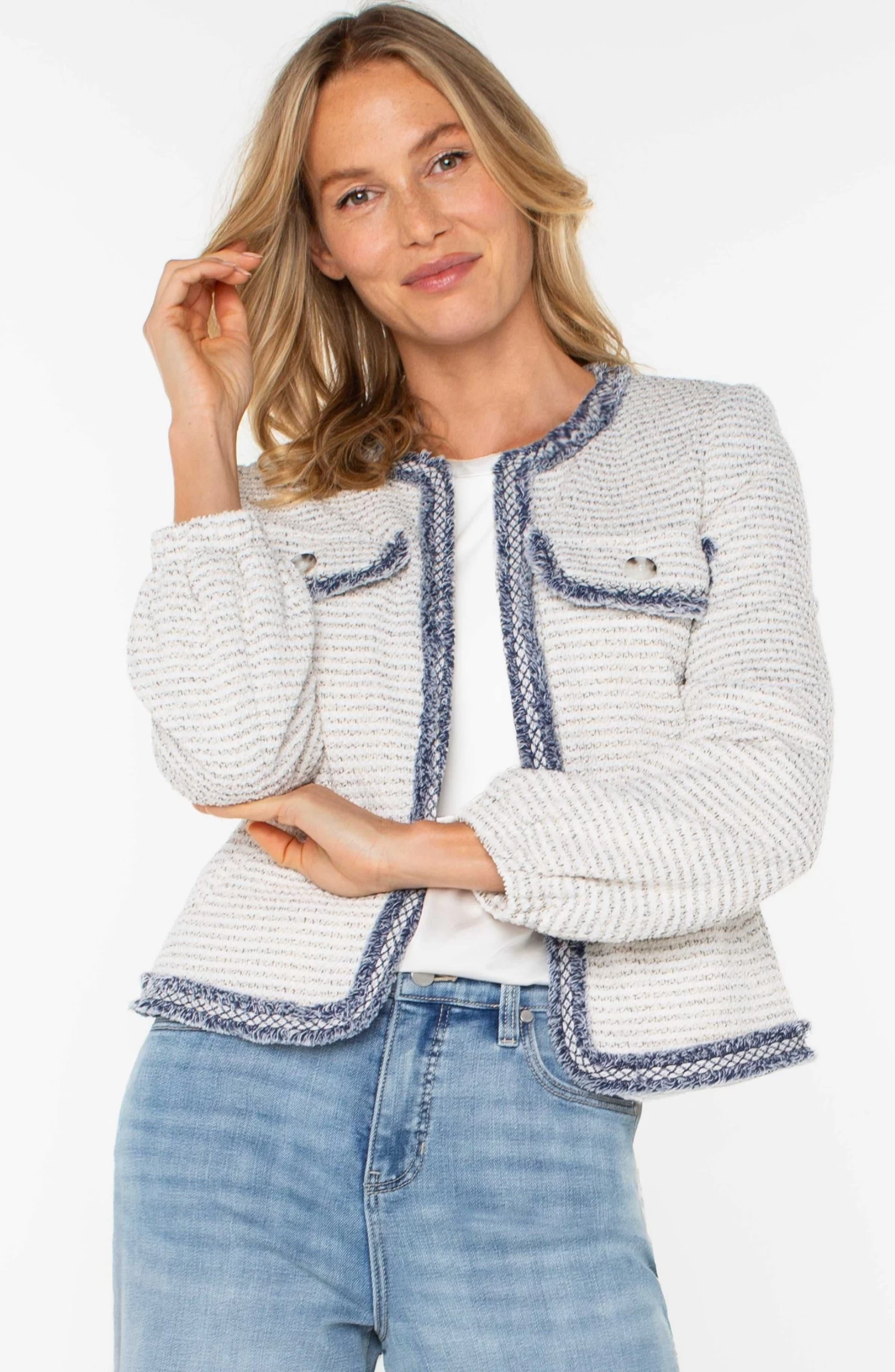 Cream Navy Boucle Collarless Frayed Jacket - Image 5