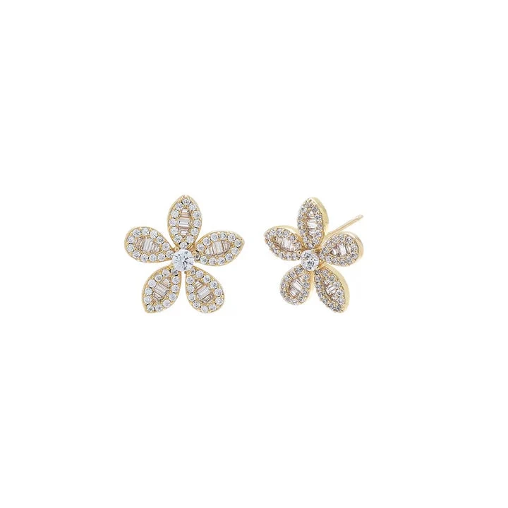 Pave CZ X Baguette Flower Stud Earrings In Gold