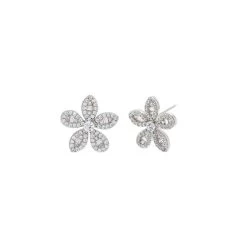 Pave CZ X Baguette Flower Stud Earrings In Silver