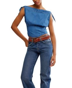 FREE PEOPLE Louie Indigo Top In Dark Medium Wash