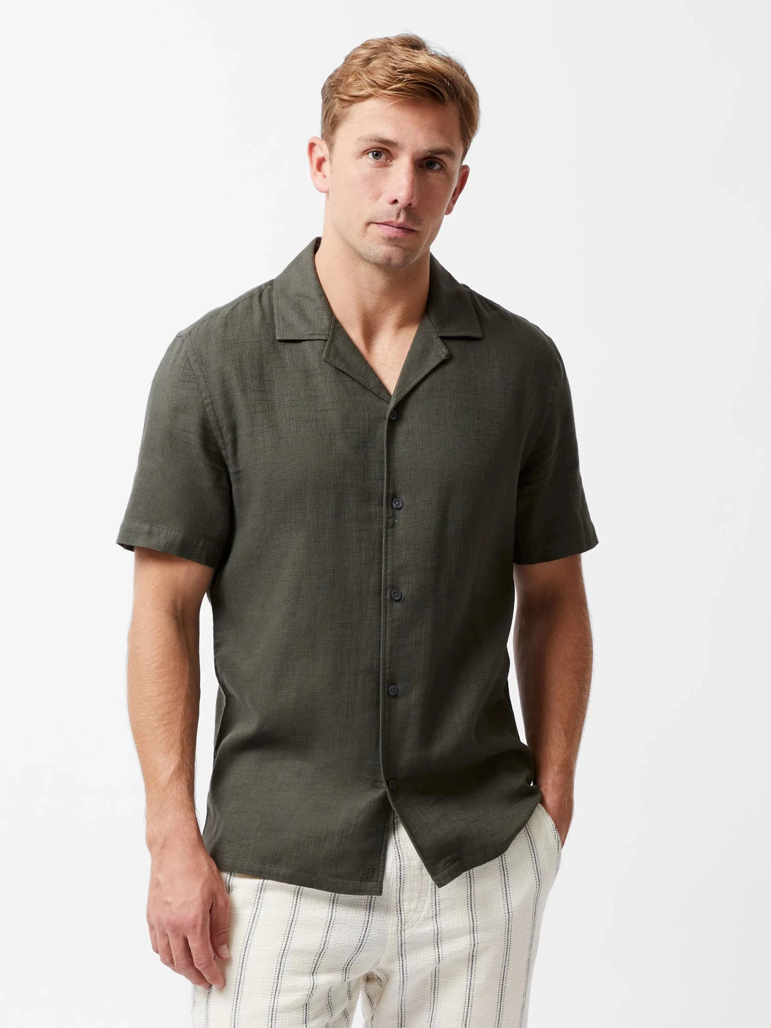 French Connection Matty Weave Revere Shirt In Khaki - Image 2