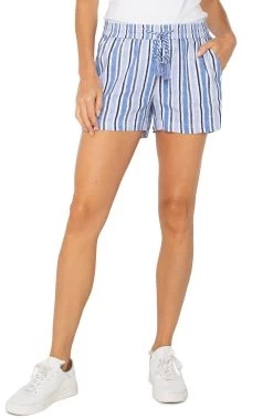Pull On Drawstring Shorts In White Blue Multi Stripe