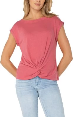 Short Sleeve Boat Neck Knit Top In Slate Rose