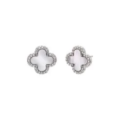 Pave Four Leaf Clover Stud Earrings In Silver