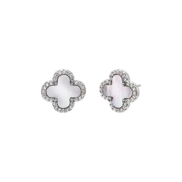 Pave Four Leaf Clover Stud Earrings In Silver