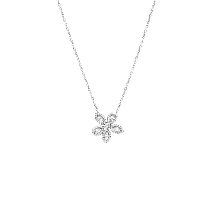 Pave X Baguette Fancy Flower Pendant Necklace In Silver