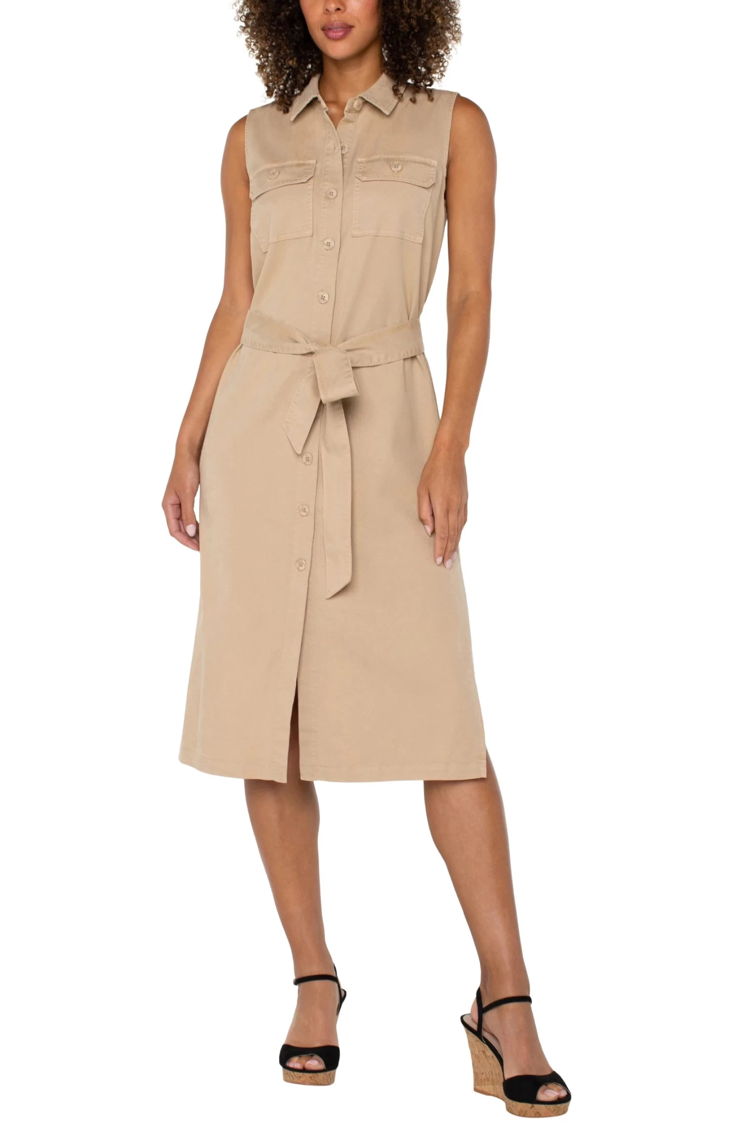 Sleeveless Shirt Dress With Slits In Cappuccino