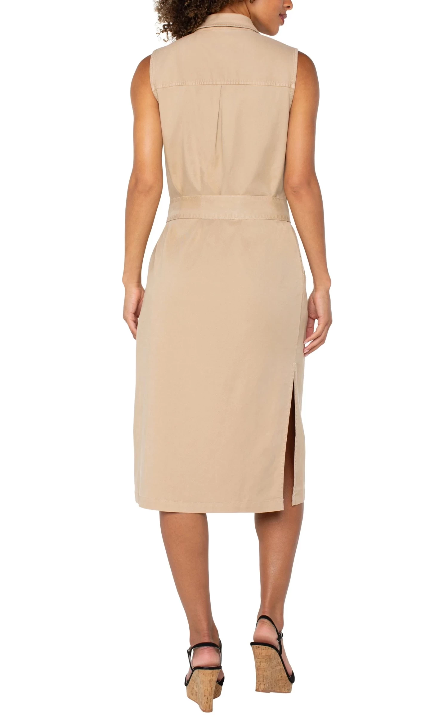 Sleeveless Shirt Dress With Slits In Cappuccino - Image 4