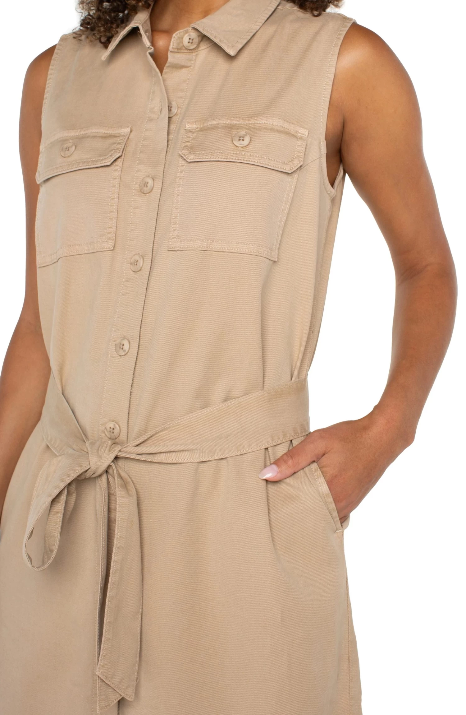 Sleeveless Shirt Dress With Slits In Cappuccino - Image 2