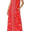 Spaghetti Strap Woven Maxi Dress In Red Orange Floral