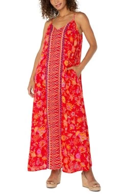 Spaghetti Strap Woven Maxi Dress In Red Orange Floral
