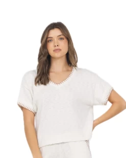 White Summer Sand Sweater With Whipstitch